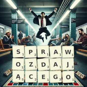 Kreatywna ilustracja do gry w Scrabble ze słowem SPRAWOZDAJĄCEGO ułożonym z płytek na planszy.
