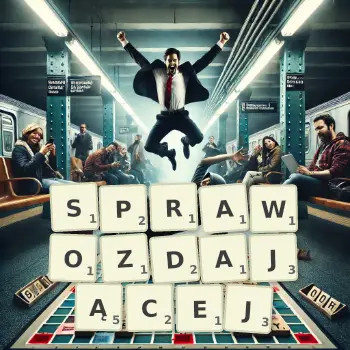 Kreatywna ilustracja do gry w Scrabble ze słowem SPRAWOZDAJĄCEJ ułożonym z płytek na planszy.