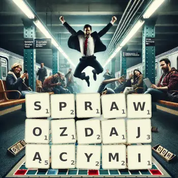 Kreatywna ilustracja do gry w Scrabble ze słowem SPRAWOZDAJĄCYMI ułożonym z płytek na planszy.