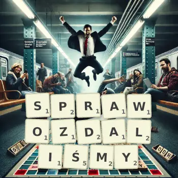 Kreatywna ilustracja do gry w Scrabble ze słowem SPRAWOZDALIŚMY ułożonym z płytek na planszy.