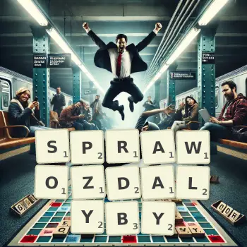 Kreatywna ilustracja do gry w Scrabble ze słowem SPRAWOZDALYBY ułożonym z płytek na planszy.
