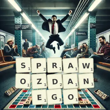 Kreatywna ilustracja do gry w Scrabble ze słowem SPRAWOZDANEGO ułożonym z płytek na planszy.