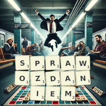 Kreatywna ilustracja do gry w Scrabble ze słowem SPRAWOZDANIEM ułożonym z płytek na planszy.