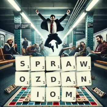 Kreatywna ilustracja do gry w Scrabble ze słowem SPRAWOZDANIOM ułożonym z płytek na planszy.