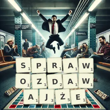 Kreatywna ilustracja do gry w Scrabble ze słowem SPRAWOZDAWAJŻE ułożonym z płytek na planszy.