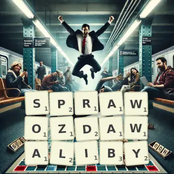Kreatywna ilustracja do gry w Scrabble ze słowem SPRAWOZDAWALIBY ułożonym z płytek na planszy.