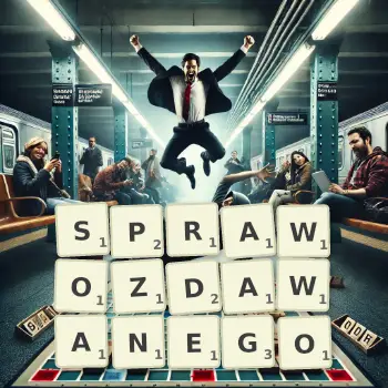 Kreatywna ilustracja do gry w Scrabble ze słowem SPRAWOZDAWANEGO ułożonym z płytek na planszy.