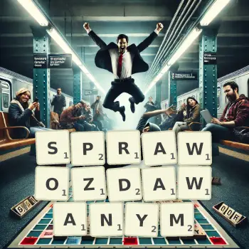 Kreatywna ilustracja do gry w Scrabble ze słowem SPRAWOZDAWANYM ułożonym z płytek na planszy.