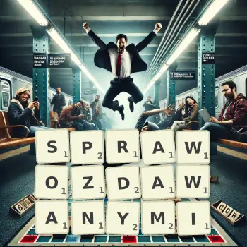 Kreatywna ilustracja do gry w Scrabble ze słowem SPRAWOZDAWANYMI ułożonym z płytek na planszy.