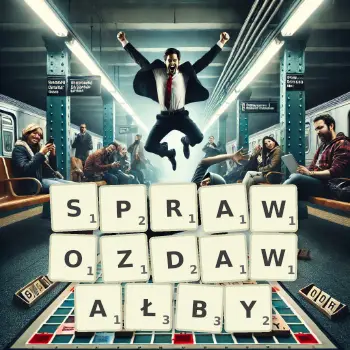 Kreatywna ilustracja do gry w Scrabble ze słowem SPRAWOZDAWAŁBY ułożonym z płytek na planszy.