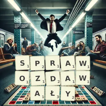 Kreatywna ilustracja do gry w Scrabble ze słowem SPRAWOZDAWAŁY ułożonym z płytek na planszy.
