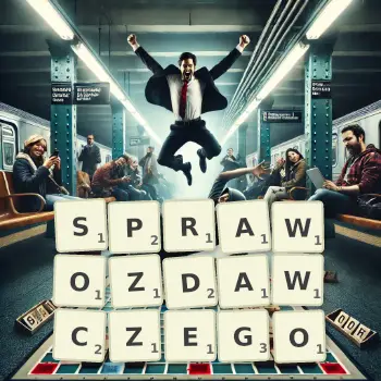 Kreatywna ilustracja do gry w Scrabble ze słowem SPRAWOZDAWCZEGO ułożonym z płytek na planszy.