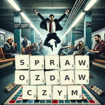 Kreatywna ilustracja do gry w Scrabble ze słowem SPRAWOZDAWCZYM ułożonym z płytek na planszy.