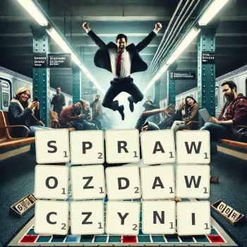 Kreatywna ilustracja do gry w Scrabble ze słowem SPRAWOZDAWCZYNI ułożonym z płytek na planszy.