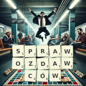 Kreatywna ilustracja do gry w Scrabble ze słowem SPRAWOZDAWCÓW ułożonym z płytek na planszy.