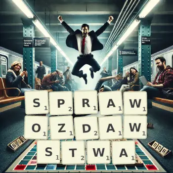 Kreatywna ilustracja do gry w Scrabble ze słowem SPRAWOZDAWSTWA ułożonym z płytek na planszy.