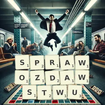 Kreatywna ilustracja do gry w Scrabble ze słowem SPRAWOZDAWSTWU ułożonym z płytek na planszy.