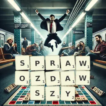 Kreatywna ilustracja do gry w Scrabble ze słowem SPRAWOZDAWSZY ułożonym z płytek na planszy.