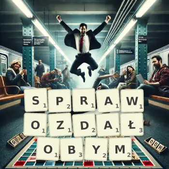 Kreatywna ilustracja do gry w Scrabble ze słowem SPRAWOZDAŁOBYM ułożonym z płytek na planszy.