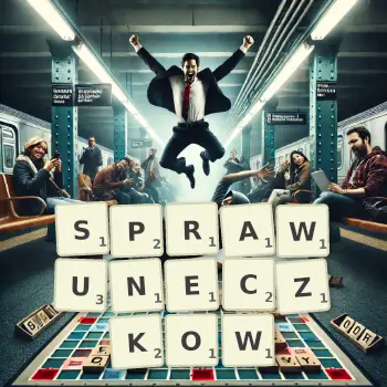 Kreatywna ilustracja do gry w Scrabble ze słowem SPRAWUNECZKOW ułożonym z płytek na planszy.