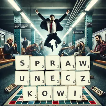 Kreatywna ilustracja do gry w Scrabble ze słowem SPRAWUNECZKOWI ułożonym z płytek na planszy.