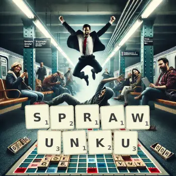 Kreatywna ilustracja do gry w Scrabble ze słowem SPRAWUNKU ułożonym z płytek na planszy.