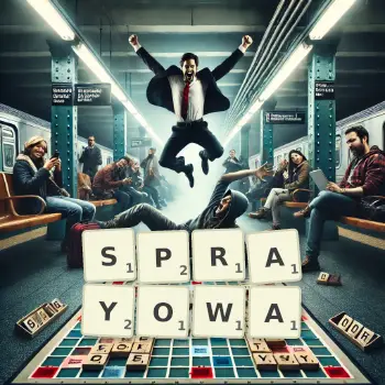 Kreatywna ilustracja do gry w Scrabble ze słowem SPRAYOWA ułożonym z płytek na planszy.