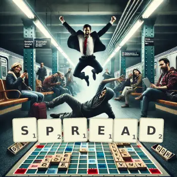 Kreatywna ilustracja do gry w Scrabble ze słowem SPREAD ułożonym z płytek na planszy.