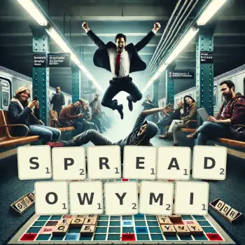 Kreatywna ilustracja do gry w Scrabble ze słowem SPREADOWYMI ułożonym z płytek na planszy.