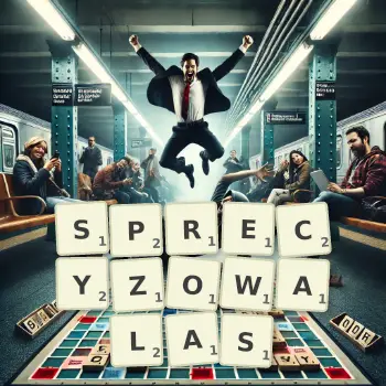 Kreatywna ilustracja do gry w Scrabble ze słowem SPRECYZOWALAS ułożonym z płytek na planszy.