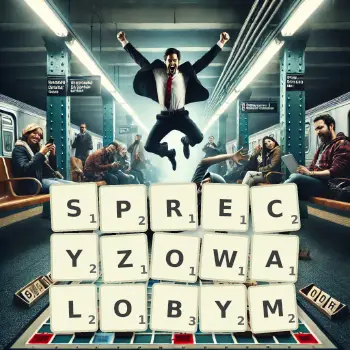 Kreatywna ilustracja do gry w Scrabble ze słowem SPRECYZOWALOBYM ułożonym z płytek na planszy.