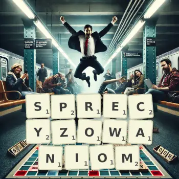 Kreatywna ilustracja do gry w Scrabble ze słowem SPRECYZOWANIOM ułożonym z płytek na planszy.