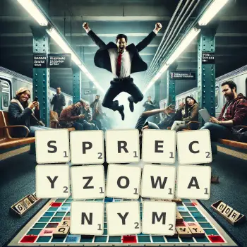 Kreatywna ilustracja do gry w Scrabble ze słowem SPRECYZOWANYM ułożonym z płytek na planszy.