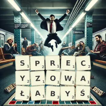 Kreatywna ilustracja do gry w Scrabble ze słowem SPRECYZOWAŁABYŚ ułożonym z płytek na planszy.