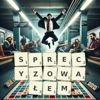 Kreatywna ilustracja do gry w Scrabble ze słowem SPRECYZOWAŁEM ułożonym z płytek na planszy.