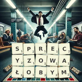 Kreatywna ilustracja do gry w Scrabble ze słowem SPRECYZOWAŁOBYM ułożonym z płytek na planszy.
