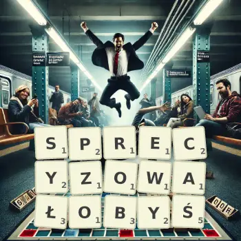 Kreatywna ilustracja do gry w Scrabble ze słowem SPRECYZOWAŁOBYŚ ułożonym z płytek na planszy.