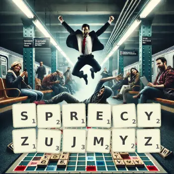 Kreatywna ilustracja do gry w Scrabble ze słowem SPRECYZUJMYZ ułożonym z płytek na planszy.