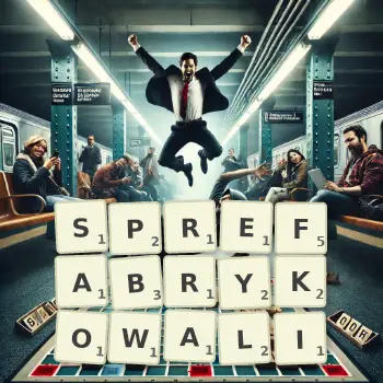 Kreatywna ilustracja do gry w Scrabble ze słowem SPREFABRYKOWALI ułożonym z płytek na planszy.