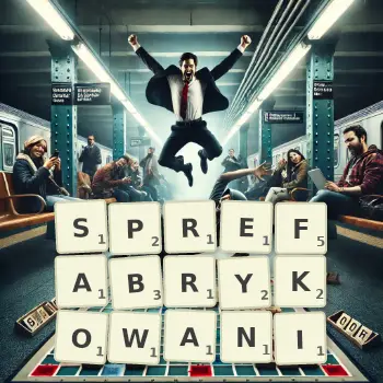 Kreatywna ilustracja do gry w Scrabble ze słowem SPREFABRYKOWANI ułożonym z płytek na planszy.