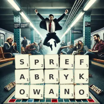 Kreatywna ilustracja do gry w Scrabble ze słowem SPREFABRYKOWANO ułożonym z płytek na planszy.