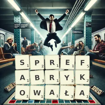 Kreatywna ilustracja do gry w Scrabble ze słowem SPREFABRYKOWAŁA ułożonym z płytek na planszy.