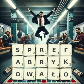 Kreatywna ilustracja do gry w Scrabble ze słowem SPREFABRYKOWAŁO ułożonym z płytek na planszy.