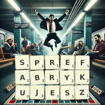 Kreatywna ilustracja do gry w Scrabble ze słowem SPREFABRYKUJESZ ułożonym z płytek na planszy.