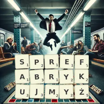 Kreatywna ilustracja do gry w Scrabble ze słowem SPREFABRYKUJMYŻ ułożonym z płytek na planszy.