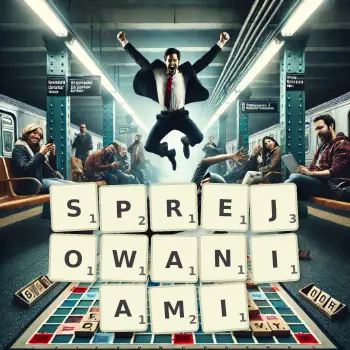 Kreatywna ilustracja do gry w Scrabble ze słowem SPREJOWANIAMI ułożonym z płytek na planszy.