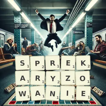 Kreatywna ilustracja do gry w Scrabble ze słowem SPREKARYZOWANIE ułożonym z płytek na planszy.