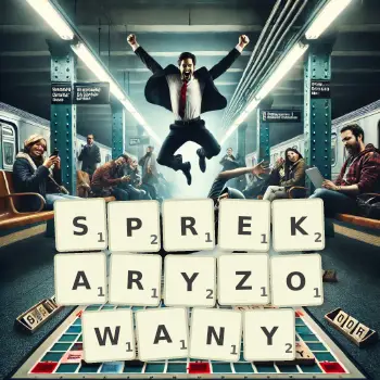 Kreatywna ilustracja do gry w Scrabble ze słowem SPREKARYZOWANY ułożonym z płytek na planszy.