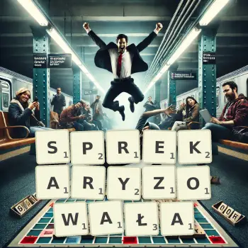 Kreatywna ilustracja do gry w Scrabble ze słowem SPREKARYZOWAŁA ułożonym z płytek na planszy.