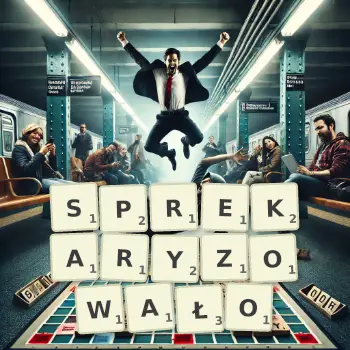 Kreatywna ilustracja do gry w Scrabble ze słowem SPREKARYZOWAŁO ułożonym z płytek na planszy.